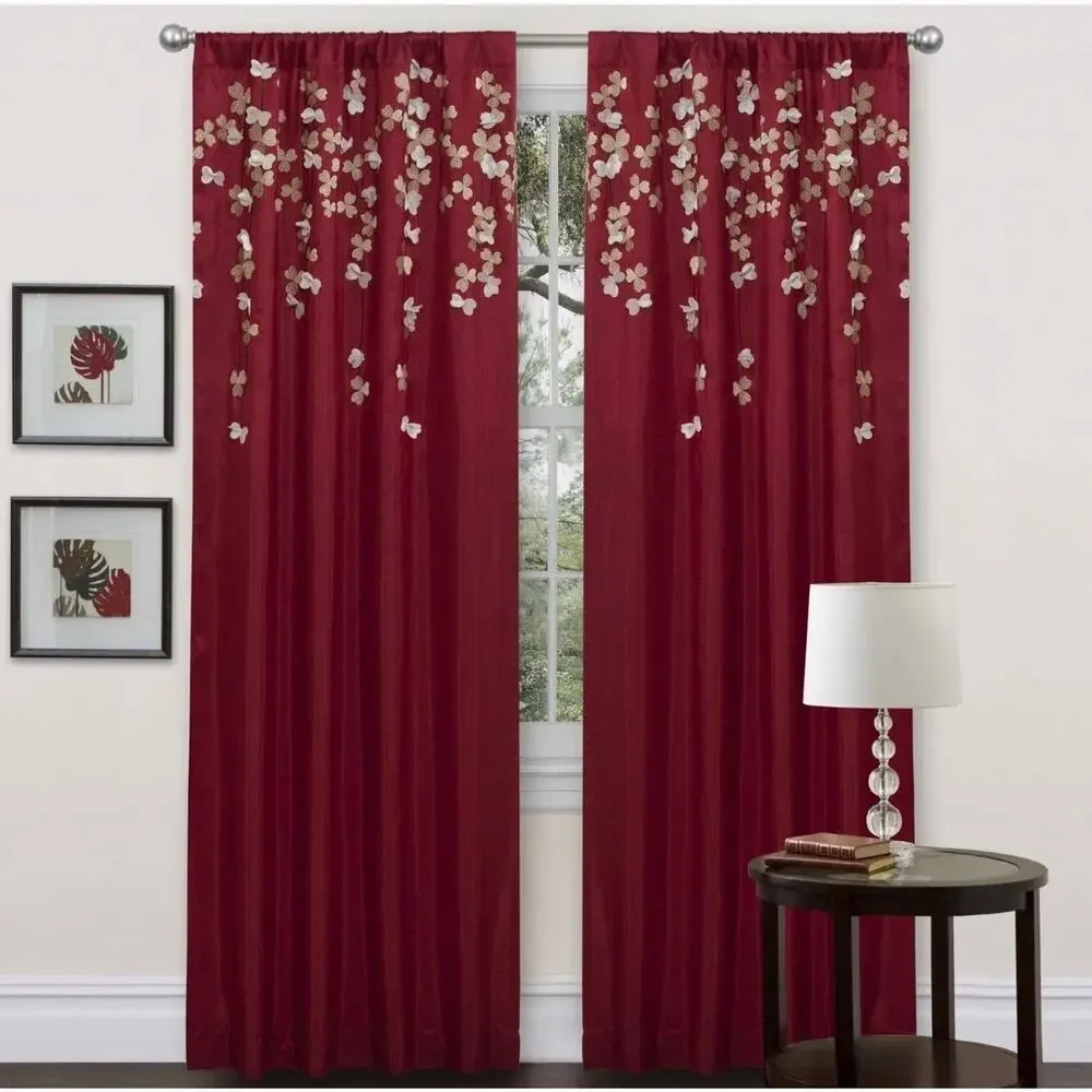 Lush Decor Flower Drops Panel Curtain 42x84 Red Floral Embroidered Boho Cottage